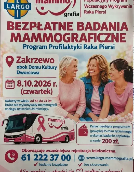 Bezpłatne badania mammograficzne w Zakrzewie – 8 października 2026
