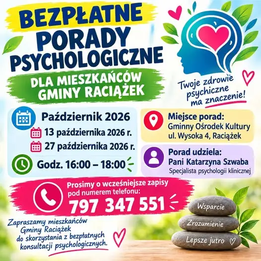 Bezpłatne konsultacje psychologiczne w Raciążku – październik 2026