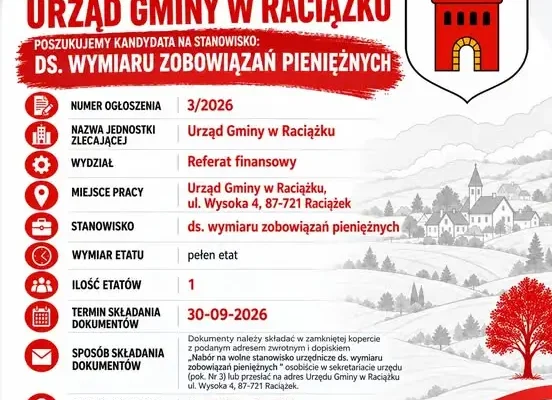 Urząd Gminy w Raciążku szuka specjalisty ds. wymiaru zobowiązań pieniężnych