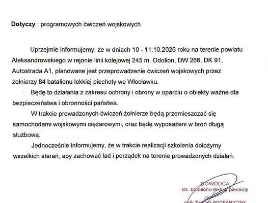 Ćwiczenia wojskowe w powiecie aleksandrowskim – utrudnienia na drogach i linii kolejowej