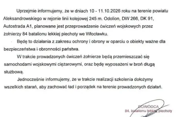 Ćwiczenia wojskowe w powiecie aleksandrowskim – 10 i 11 października 2026