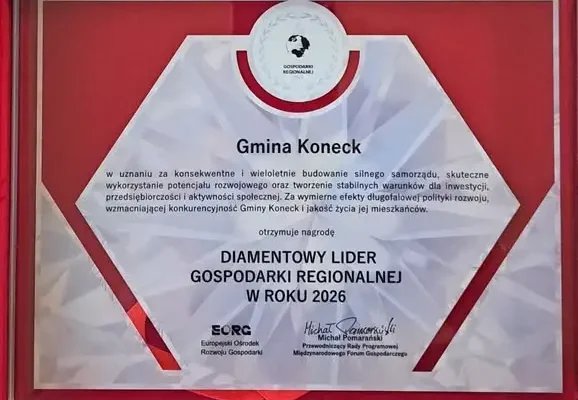 Gmina Koneck z nagrodą „Diamentowy Lider Gospodarki Regionalnej 2026”