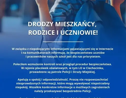 Burmistrz Ciechocinka uspokaja: bezpieczeństwo uczniów priorytetem, patrole w rejonie szkół
